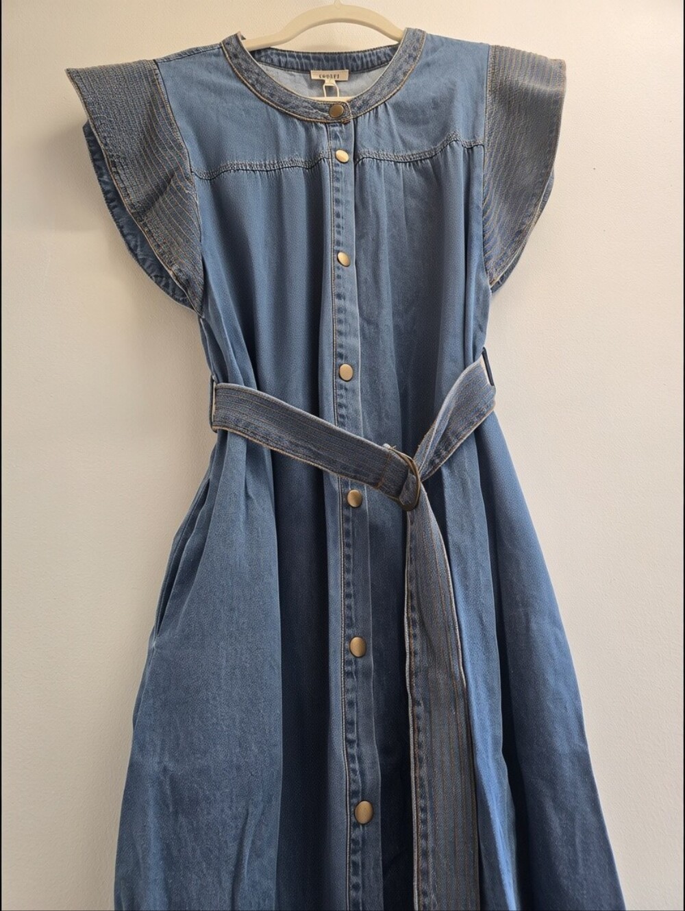 Jodefl Denim Flutter Sleeve Belted Midi Dress | Western Prairie Boho
